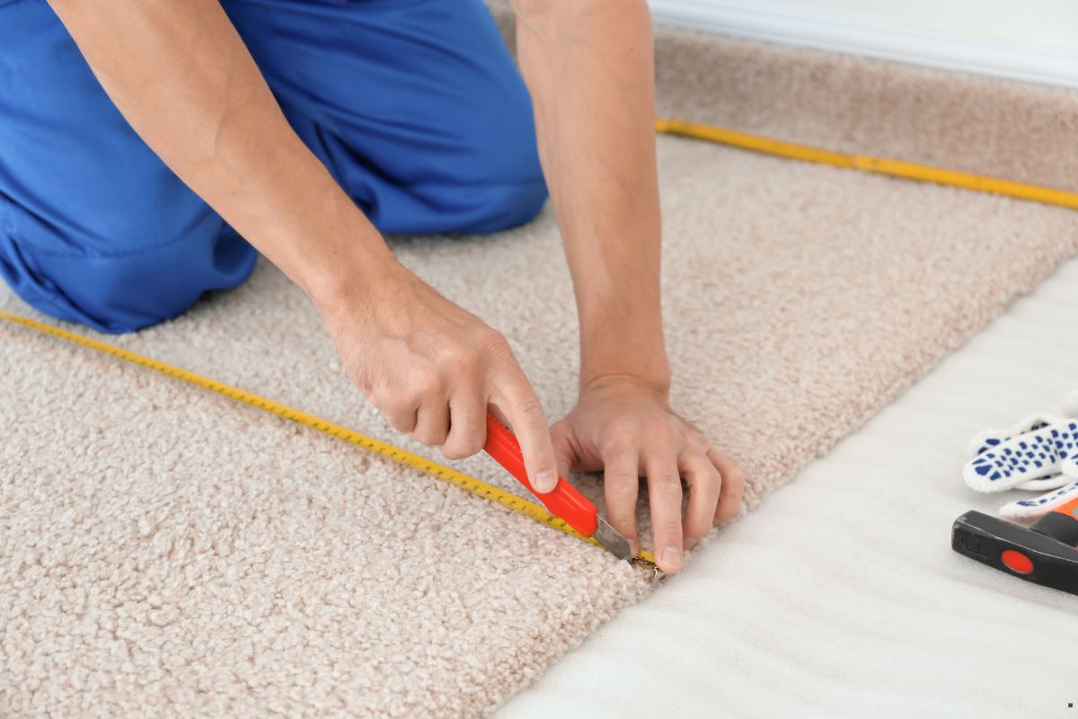 A person measuring carpet with a tape measure, preparing for a carpet flooring service installation.