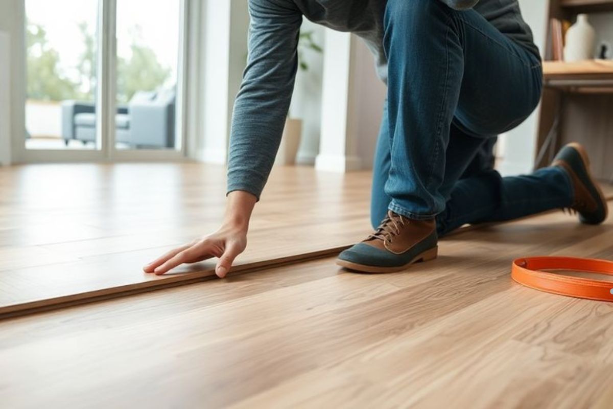 A man reclines on the floor, measuring with a tape measure for flooring services.