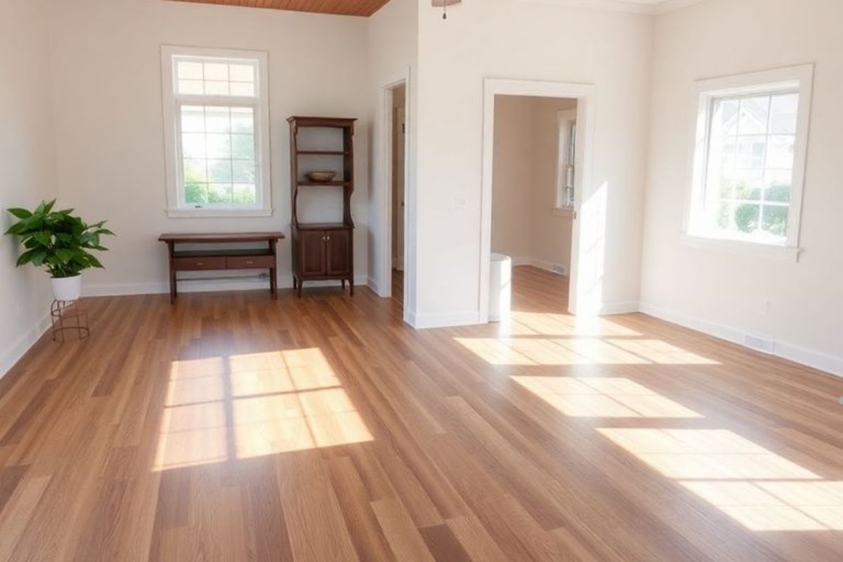 A well-lit room featuring hardwood floors and white walls, showcasing a clean and modern aesthetic for flooring services.